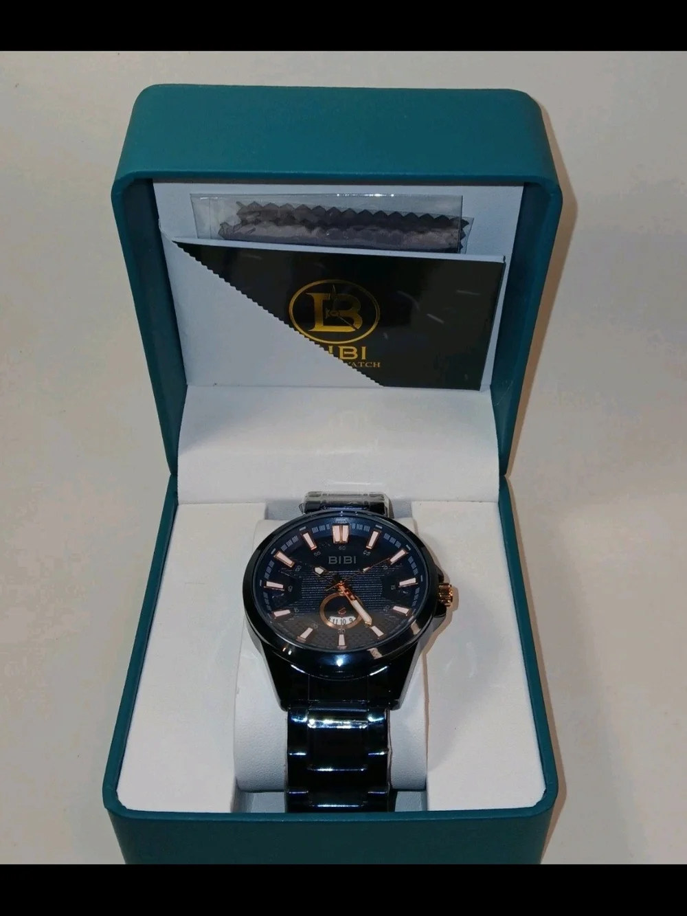 BiBi Mens Quartz Wristwatch Black Stainless Steel Blue Dial Rose Gold Accents...